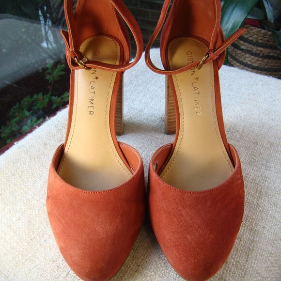 Gibson Latimer Shoes - Gibson & Latimer red suede ankle strap pointy toe chunky heels Sz 9.5